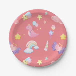 Prato De Papel Balão-arco-íris de dinossauro, rosa-doce, bonito