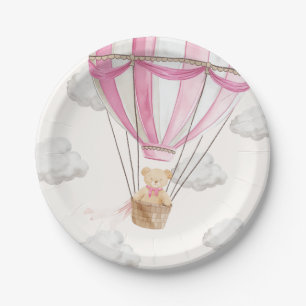 Prato De Papel Balão de Ar Quente com Urso Rosa