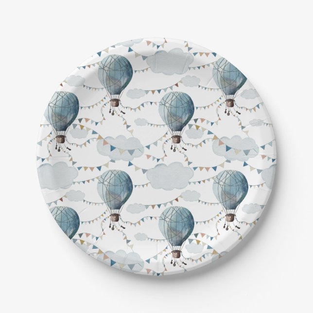 Prato De Papel Balão de Ar Quente de Aquarela Branco // Aniversár (Frente)
