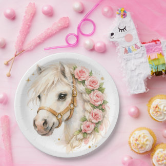 Prato De Papel Balão de Cavalo Branco em Aquarela Elegante com Ro