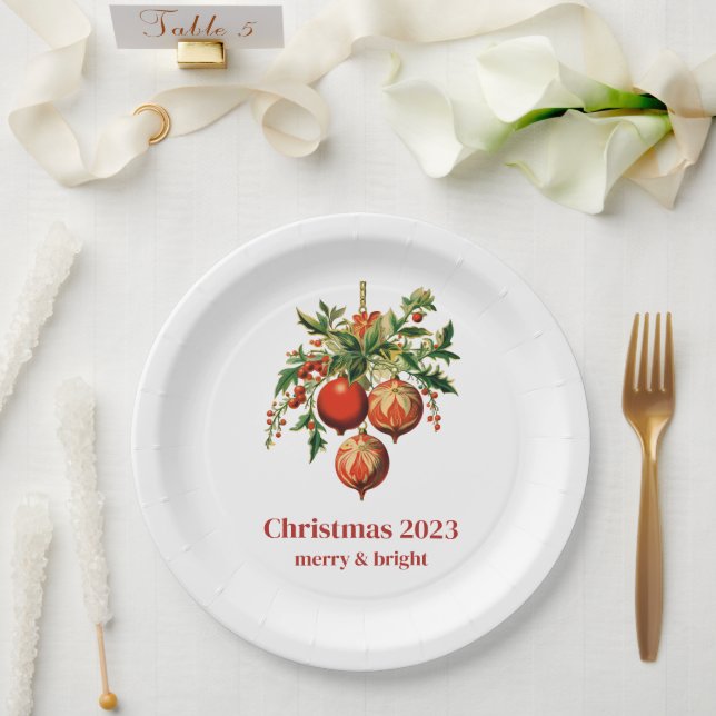 Prato De Papel Balas de Natal Vermelhas com Holly Festivo (Casamento)