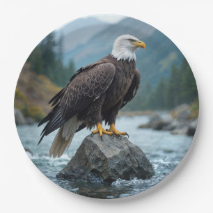 Prato De Papel Bald Eagle em um rio Rock
