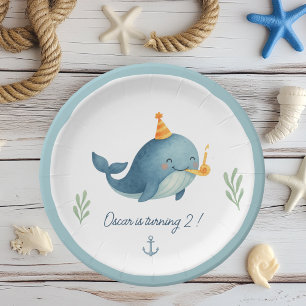 Prato De Papel Baleia Aniversário Ahoy Tema de Crianças Náuti