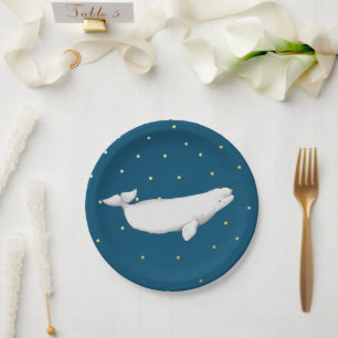 Prato De Papel Baleia Beluga Ilustração de Pontos Dourados Marinh