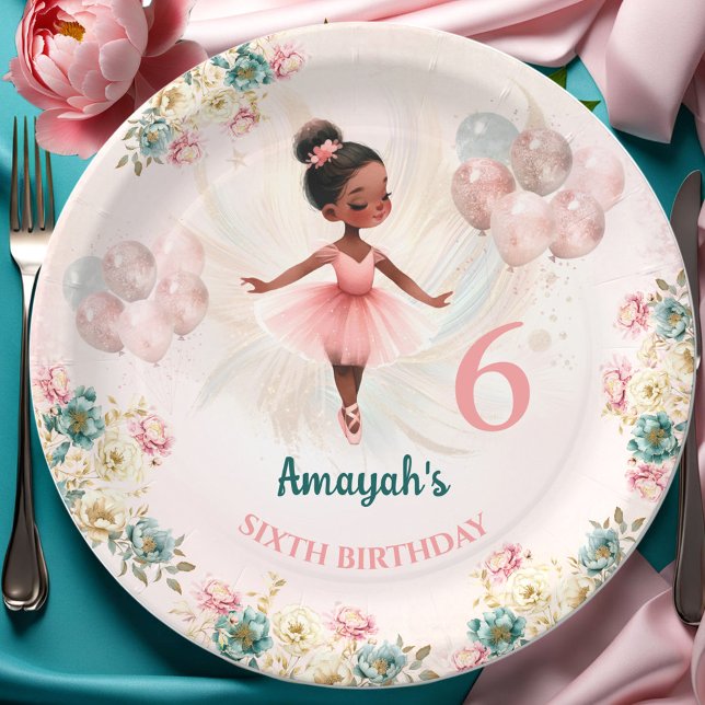 Prato De Papel Ballerina Dark Skin Pink Teal Floral Aniversário (Ballerina Dark Skin Pink Teal Floral Birthday Paper Plates)