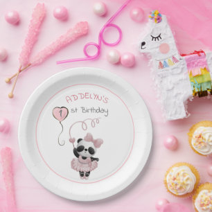 Prato De Papel Ballerina de Urso Panda Fofo Rosa Aniversário Infa