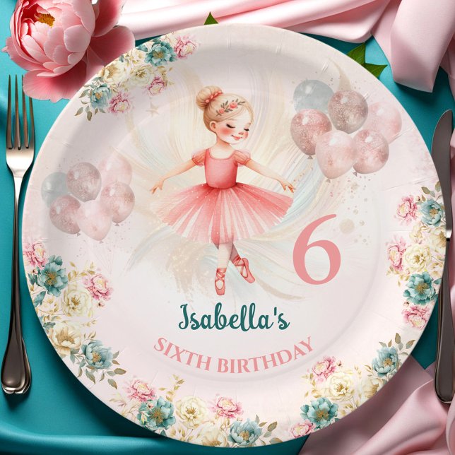 Prato De Papel Ballerina Loura Rosa Teal Floral Aniversário (Ballerina Blond Pink Teal Floral Birthday Paper Plates)