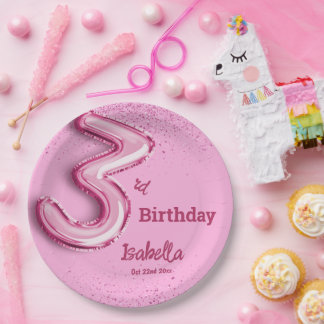 Prato De Papel Baloão fofo de purpurina rosa nº3 feminino 3º aniv