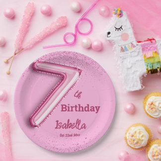 Prato De Papel Baloão fofo de purpurina rosa nº7 para aniversário