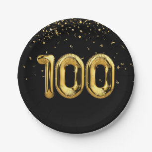 Prato De Papel Balões de 100º aniversário Dourados com Confett