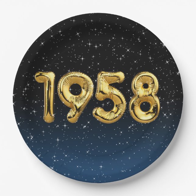 Prato De Papel Balões De Aniversário De 1958 Em Stars Paper Plate (Frente)