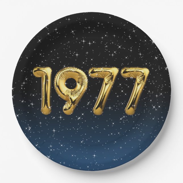 Prato De Papel Balões De Aniversário De 1977 Em Estrelas (Frente)