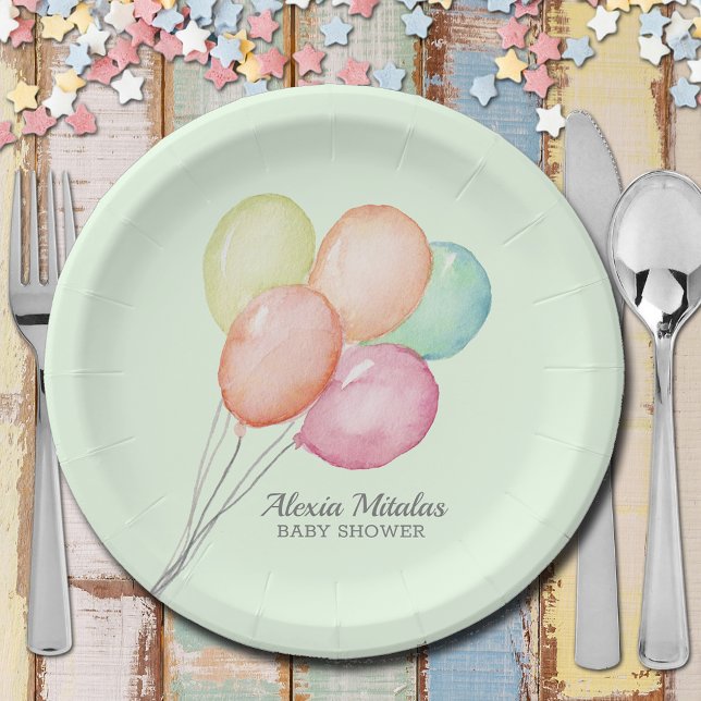 Prato De Papel Balões de Aquarela no Chá de fraldas Verde (Watercolor Balloons on Mint Green Unisex Baby Shower  Paper Plates)