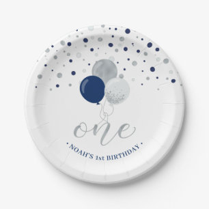 Prato De Papel Balões de Confete Prata e Azul para Aniversário de