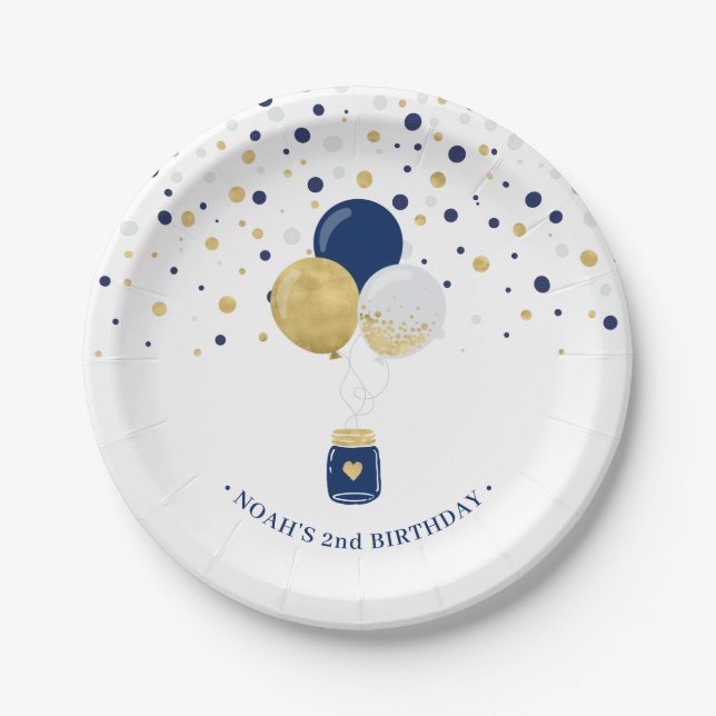 Prato De Papel Balões de Confetti Azul Dourado e Marinho primeiro (Frente)