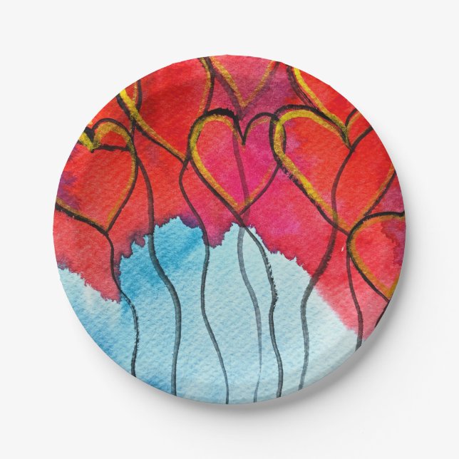 Prato De Papel Balões de coração vermelho Namorados aquarela (Frente)