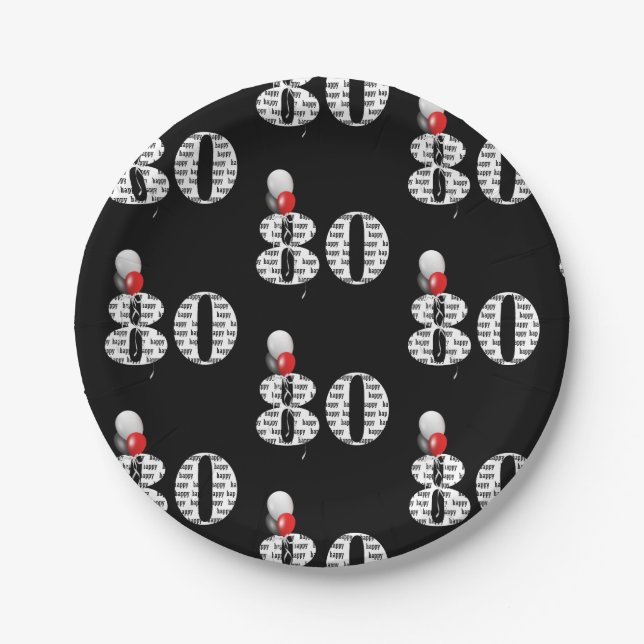Prato De Papel Balões de festa de aniversário 80 a preto (Frente)