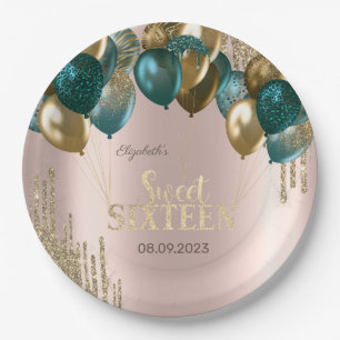 Prato De Papel Balões de Glitter Dourado Drips Rose Gold Sweet 16