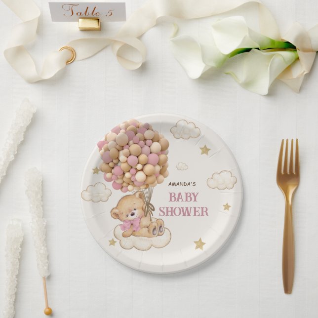 Prato De Papel Balões de ursinho bege rosa Churrasco de bebê (Casamento)