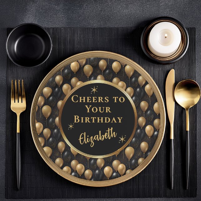 Prato De Papel Balões Dourados Negros de Brilho Aniversário Cheio (Elegant Black and Gold Faux Glitter Balloons A024" Cheers to Your Birthday" [Name] Paper Plates)
