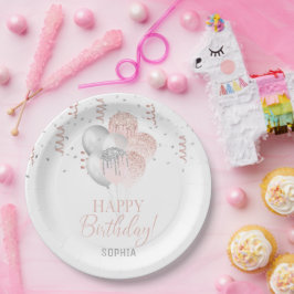 Prato De Papel Baloões de Aniversário Rosa e Prata