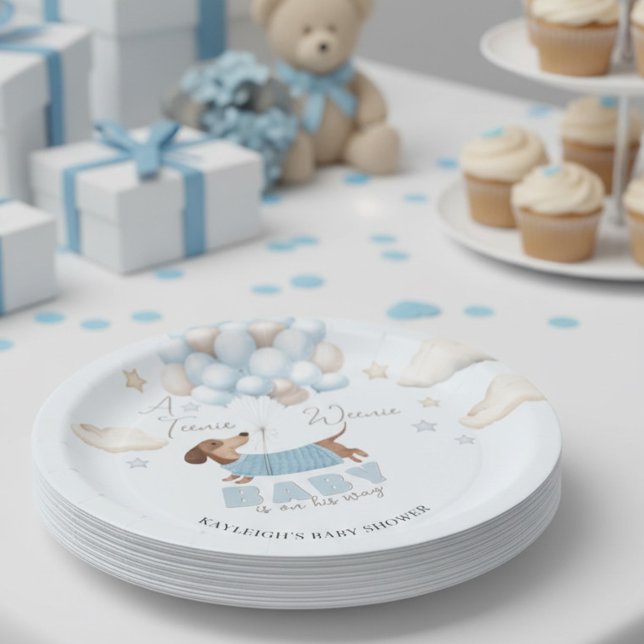 Prato De Papel Baloões de Dachshund Minúsculo Azul para Chás de B (Baby Shower Paper Plates Dachshund and balloons design in blue and beige)