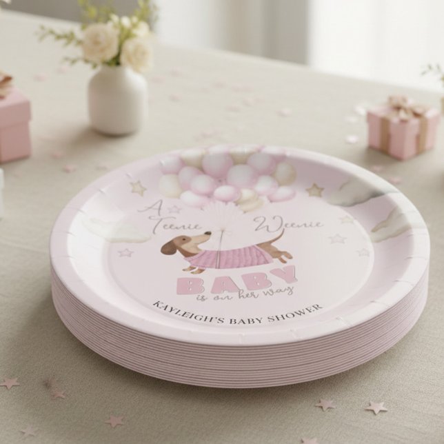 Prato De Papel Baloões de Dachshund Rosa para Chá de Bebê (Pink dachshund theme paper plates for girl baby shower)