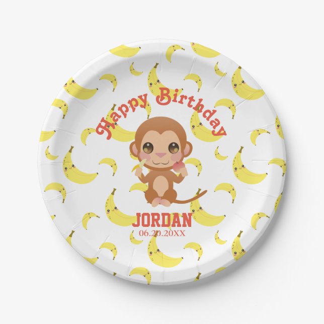 Prato De Papel Banana Baby Monkey Feliz Aniversário Placas (Frente)