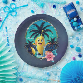 Prato De Papel Banana de cartoon bonita na praia tropical.