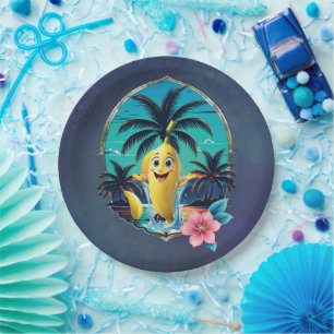 Prato De Papel Banana de cartoon bonita na praia tropical.