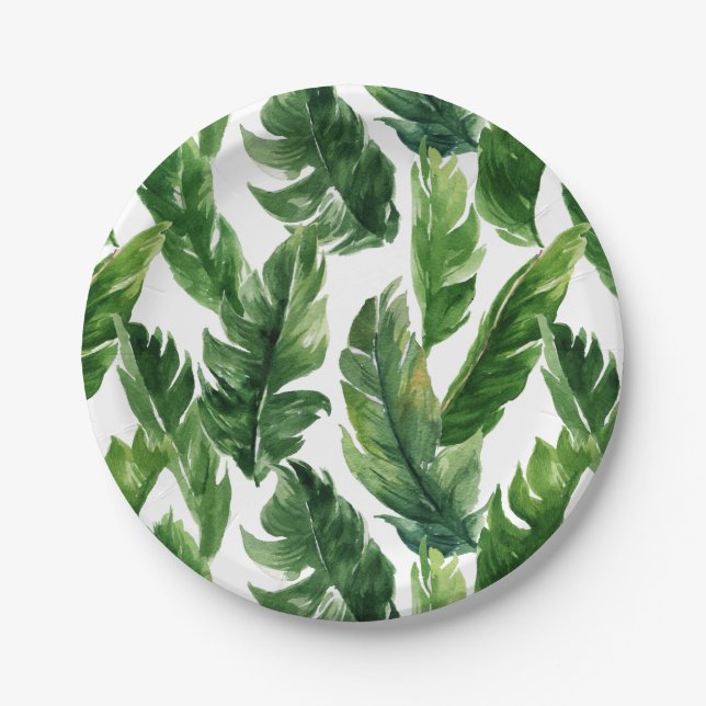 Prato De Papel Banana de Cores Aquáticas Deixa Padrão Tropical (Frente)