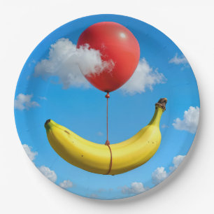 Prato De Papel Banana Madura Flutuando no Céu com Balão Vermelho