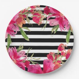 Prato De Papel Bandas de Preto Florais de Aquarela