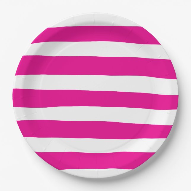 Prato De Papel Bandas irregulares em magenta e branca (Frente)