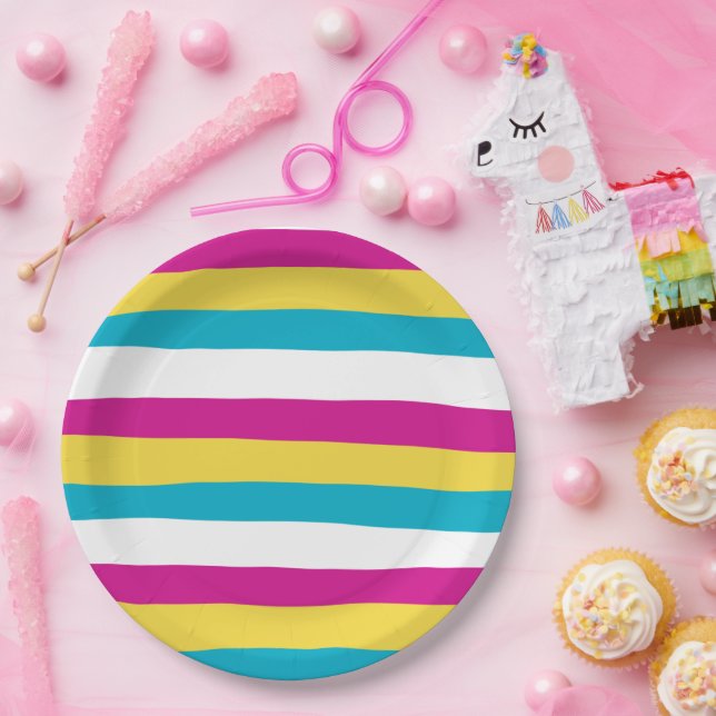 Prato De Papel Bandas irregulares - Turquesa, Amarela, Rosa e Bra (Festa)