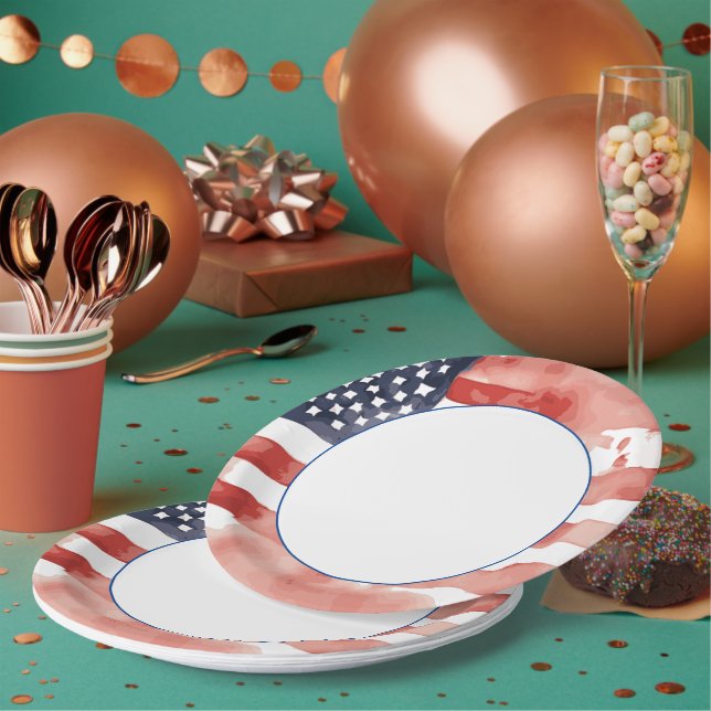 Prato De Papel Bandeira dos EUA em Aquarela com Centro Branco (Múltiplo)