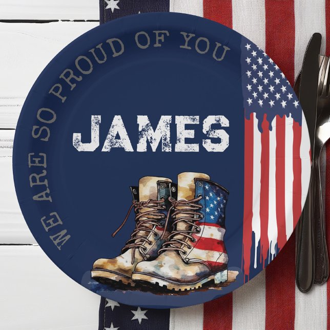Prato De Papel Bandeira Militar norte-americana bosta BLUE saindo (Patriotic Military Party US Flag Combat Boots going away farewell party table decor paper plates)