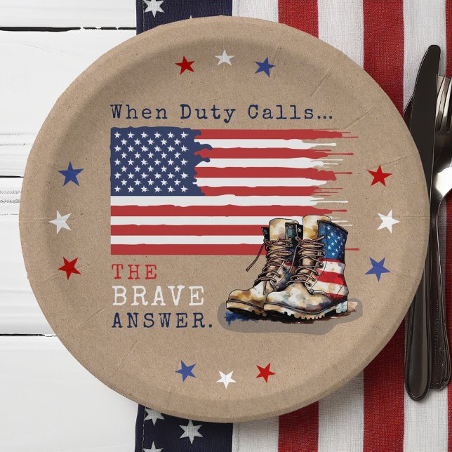 Prato De Papel Bandeira Militar norte-americana inicia festa RUST (Patriotic Military Party US Flag Combat Boots going away farewell party table decor paper plates)