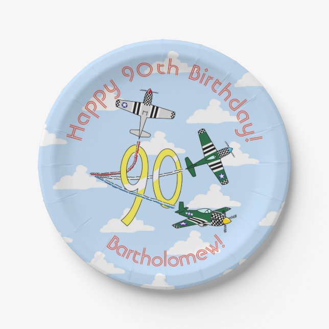 Prato De Papel Banheira de papel azul-céu 90 Birthday (Frente)