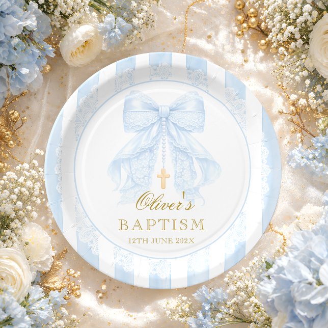Prato De Papel Baptism Blue Bow Baby Boy (Criador carregado)