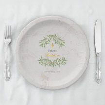 Baptism Marble Foliage Greenery Faux Script Dourad