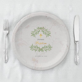 Prato De Papel Baptism Marble Foliage Greenery Faux Script Dourad