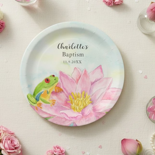 Prato De Papel Baptism Pink Waterlily & Tree Frog (Criador carregado)