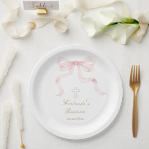 Prato De Papel Baptismo aquarela laço rosa menina bebê