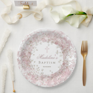Prato De Papel Baptismo bebê respira rosa