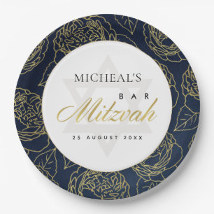PRATO DE PAPEL BAR FLORAL ROSA AZUL DE MARINHO DOURADO LUX MITZVA