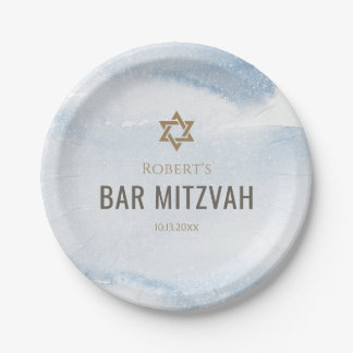 Prato De Papel Bar Mitzvah Azul Desbotado Aquarela