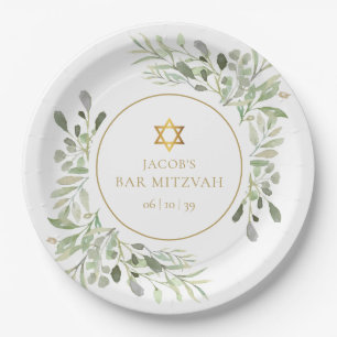 Prato De Papel Bar Mitzvah Bat Mitzvah de Aquarela Verde