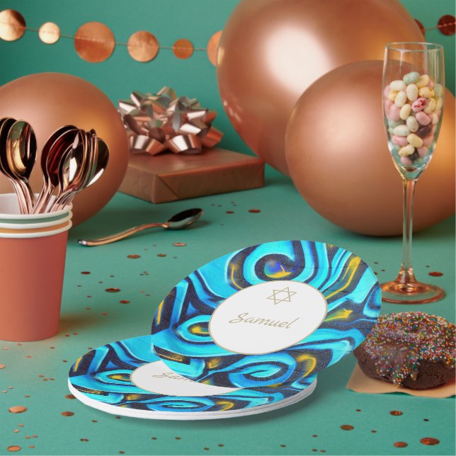 Prato De Papel Bar Mitzvah Padrão Azul Moderno Judeu (Múltiplo)