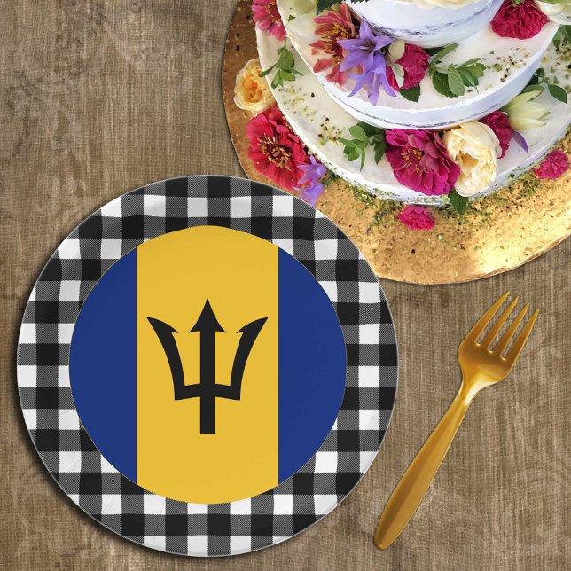Prato De Papel Barbados Plate, xadrez de búfalos e bandeira de Ba (Criador carregado)